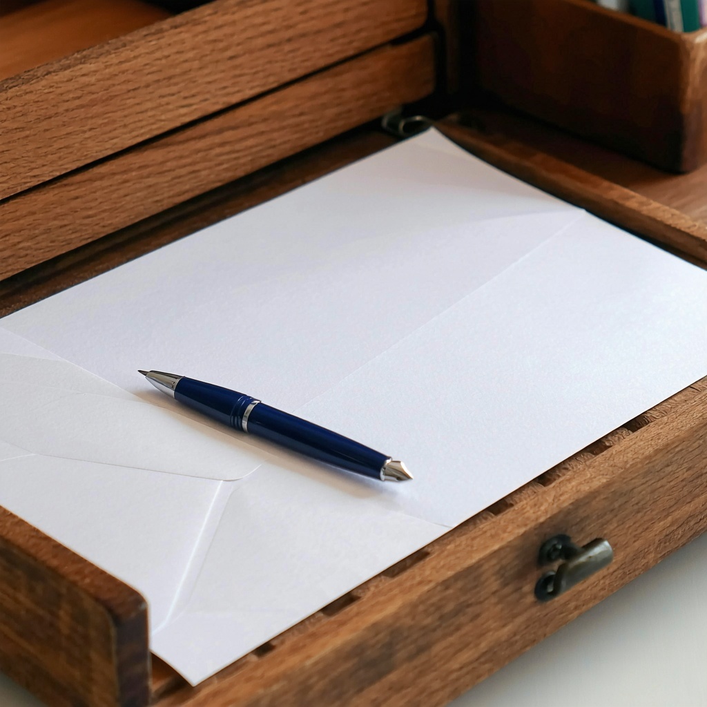 A desk with a set up for writing a letter with a pen and a blank piece of paper-1