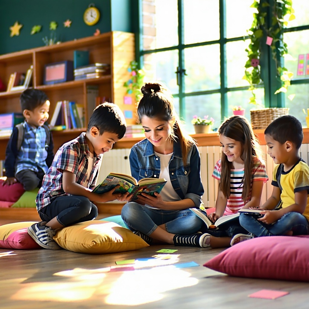 A vibrant school classroom filled with diverse students of varying backgrounds each engaged in different activities In one corner a teacher kneels beside a student offering support and guidance while another student quietly reads a book in a cozy rea
