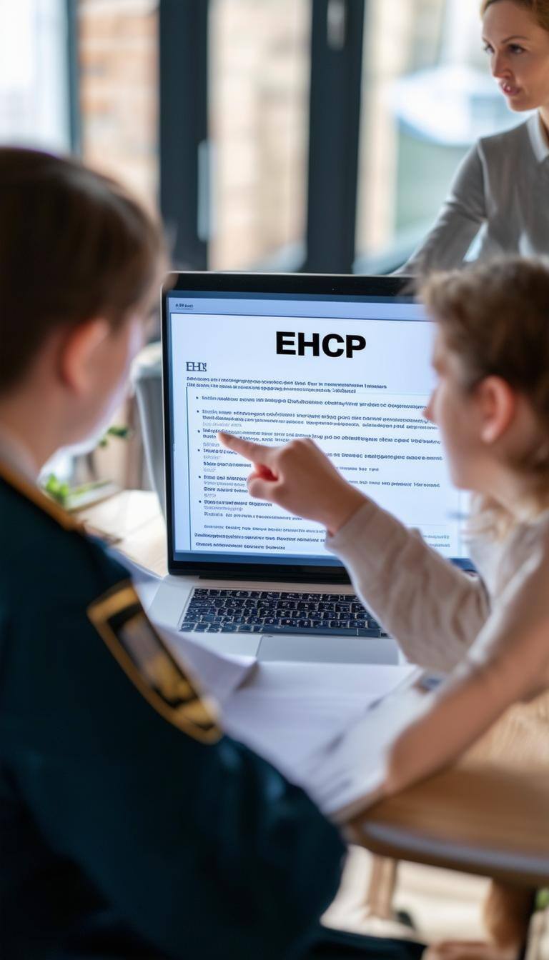 a UK local authority officer sitting at a desk and pointing to a file on a laptop screen that says EHCP as its title a UK local authority officer sitting at a desk and pointing to a file on a laptop screen that says EHCP as its title