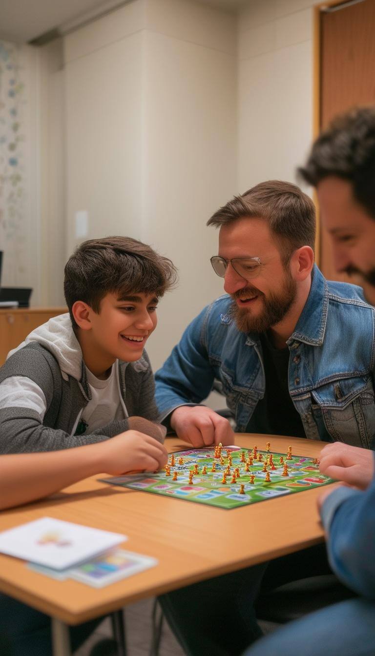 a parent and a young teenager are seated in a comfortable, relaxed meeting room playing a board game together