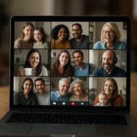photographic A computer that shows an online meeting app showing 9 screens of participants On the screens are parents some single mums and some couple-1