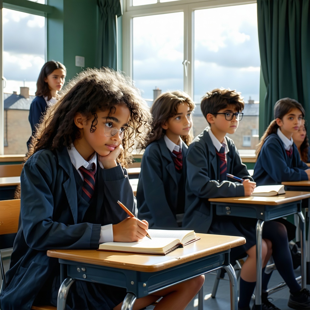 A group of teenage students sit at school desks