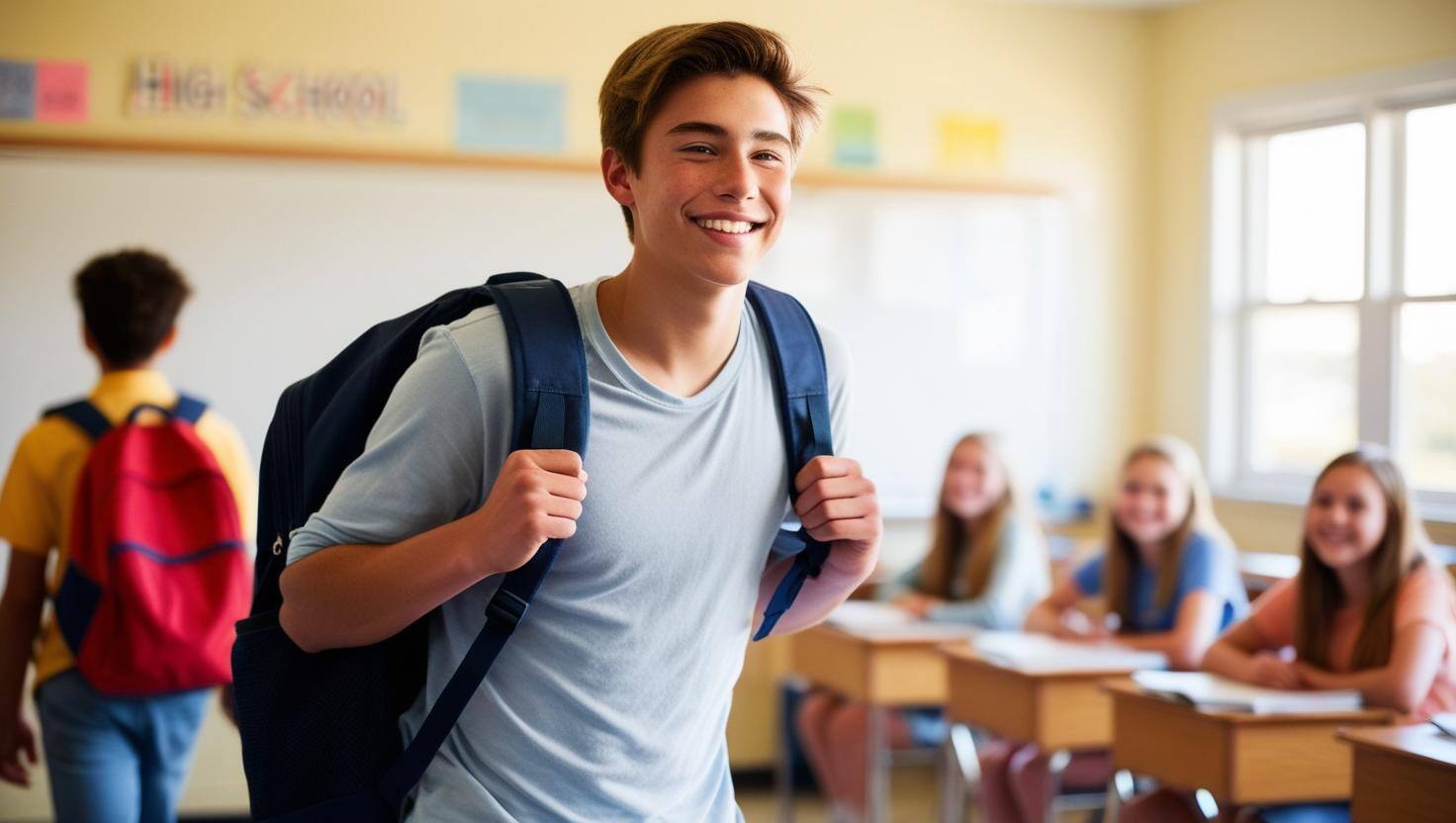 positive teenager returning to school classroom after a long absence photograph